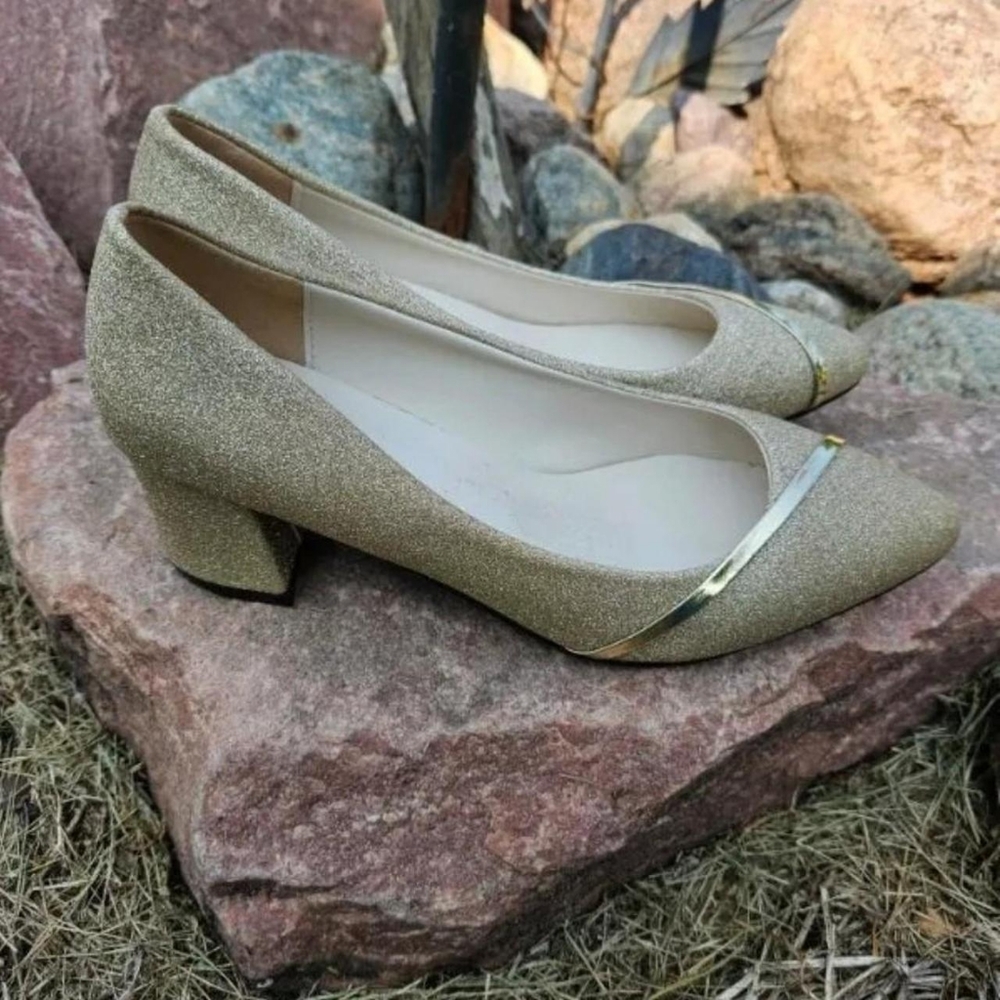 Vintage Gold Glitter Heels Pumps Fairy Chunky Pointed Toe Womens shoe 7.5 #glam